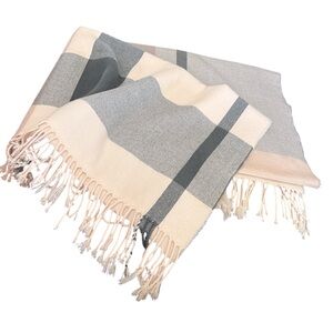 J Crew Plaid Fringe throw /scarf 64” by 48” very large in pink and soft grey